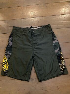 Y2K Olive Green ocean and earth vintage surf board shorts